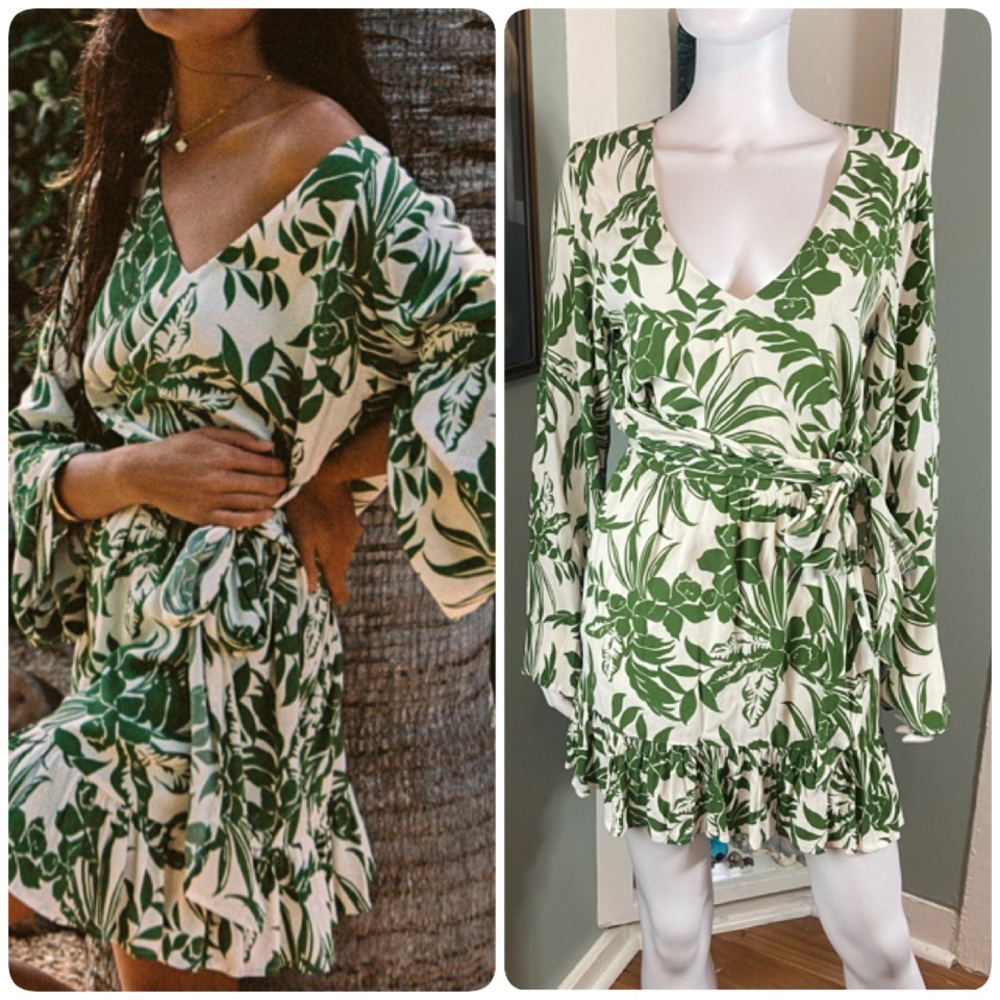 L*Space Geneva Bell Sleeve Tropical Green Leaf Print Mini Dress Hawaiian Small S